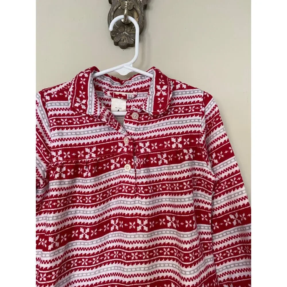 Pottery Barn Kids Red White Gray Fairisle Nordic Flannel Nightgown 4